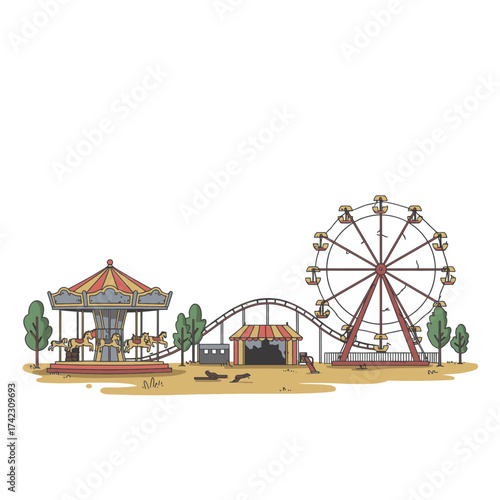 amusement park with carousel ferris wheel and roller coaster