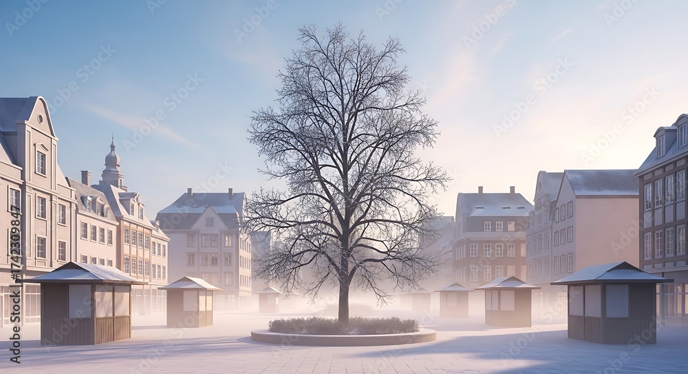 Fototapeta premium Snow covered tree in a european city square with historic buildings