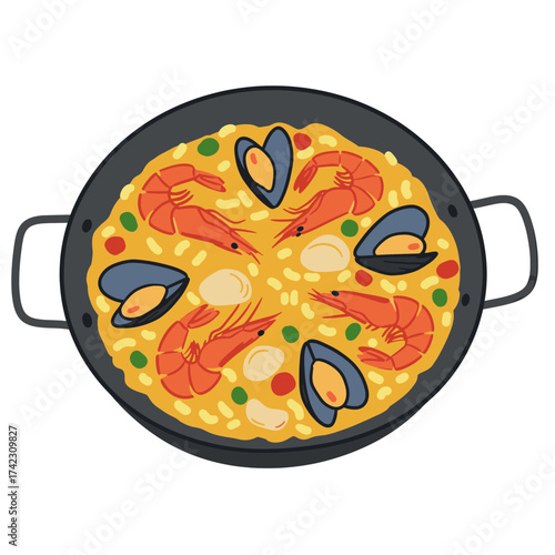 Seafood paella with shrimp mussels and vegetables in a skillet