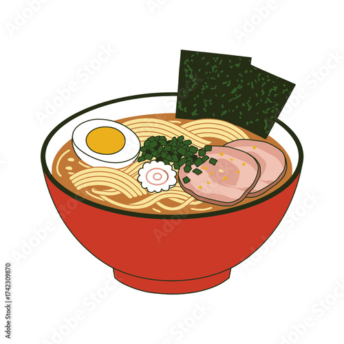 Bowl of ramen with egg pork seaweed and noodles