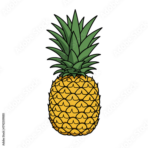Realistic pineapple with green spiky leaves and textured yellow body