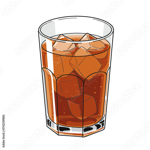 Glass of iced cola with ice cubes and caramel color