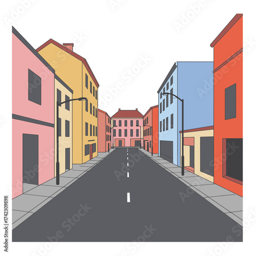 Colorful city street with buildings and street lamps