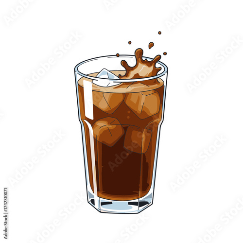 Glass of iced cola with splash and ice cubes