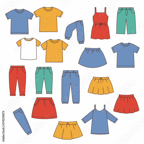 Children's casual clothing collection with t-shirts, skirts, and pants