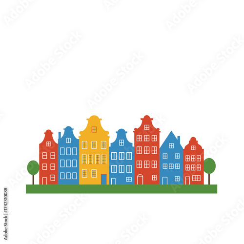 Colorful cityscape with buildings and trees for urban design