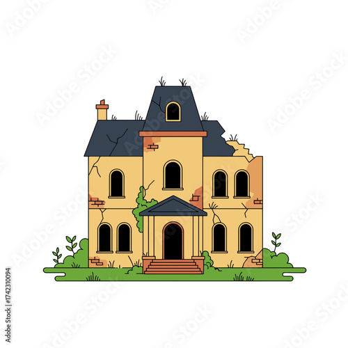 Old abandoned building with broken walls and overgrown vegetation