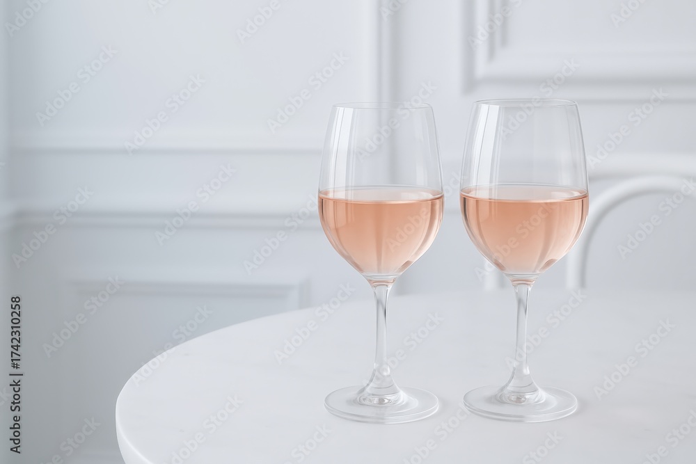 Fototapeta premium Two glasses of delicate French rosé wine on a white table, captured in soft natural light with minimalist elegance.