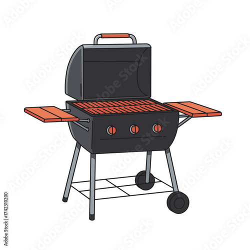 Barbecue grill with side shelves and lid in a realistic style