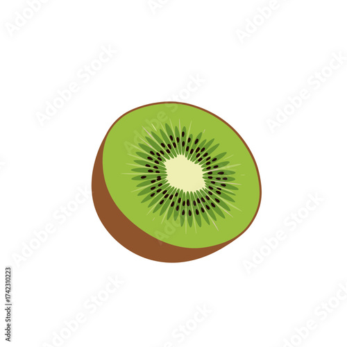 Cross-section of kiwi fruit with green flesh and seeds