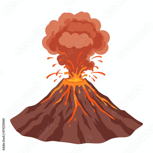 erupting volcano with smoke and lava flow