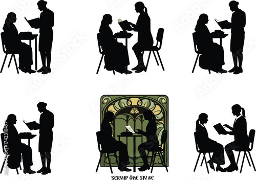 Seated interaction silhouette, tutoring scene, reading moment, adult and child, decorative background, counseling concept, education pose, support, care, learning