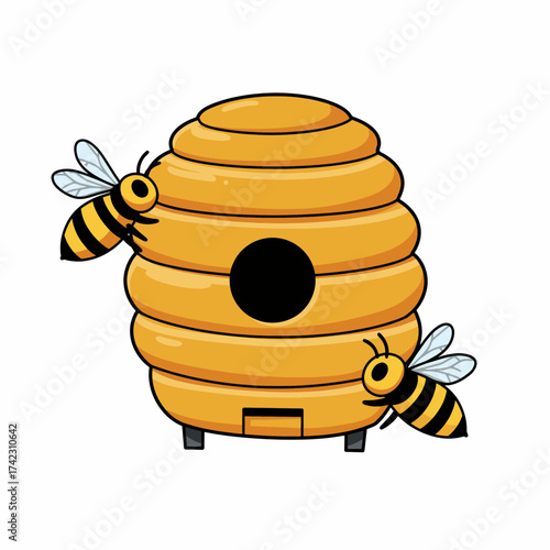Honey bee hive with two bees on a white background