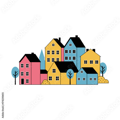 Colorful village houses with trees and bushes for urban planning