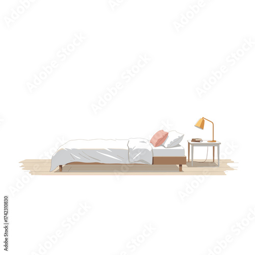 interior bedroom scene with bed and bedside table with lamp
