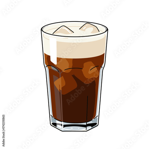 Glass of iced coffee with milk and ice cubes