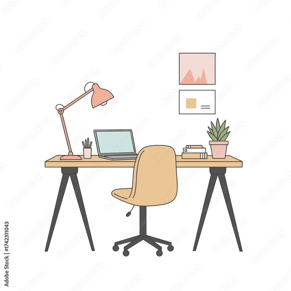 Fototapeta premium Minimalist home office setup with desk chair and decor
