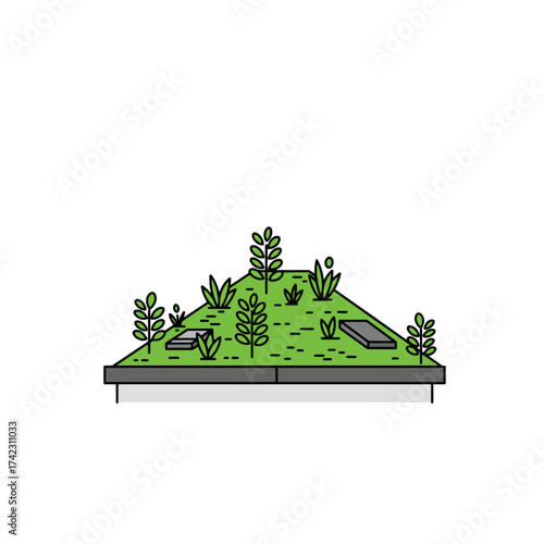 Urban rooftop garden with plants and planters for green space