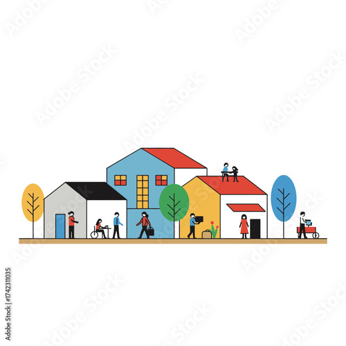 Community neighborhood with houses trees and people at park