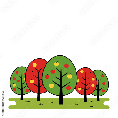 Apple orchard with fruit trees and grassy ground