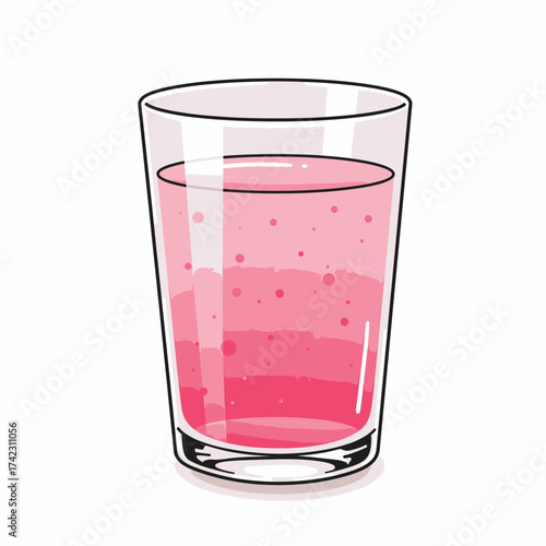Pink fizzy drink in a clear glass with bubbles and reflections