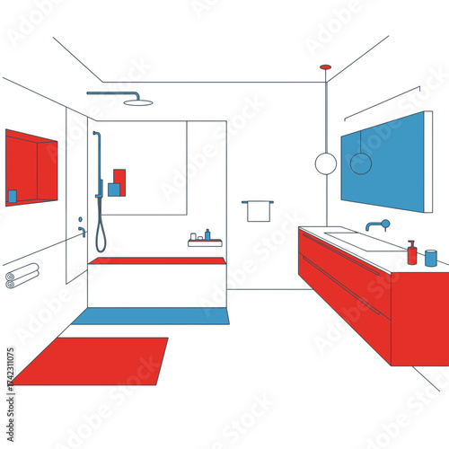 Modern bathroom with shower, sink, mirror, and storage units