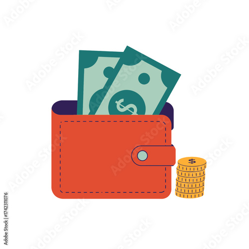 orange wallet with money and coins clip art preview
