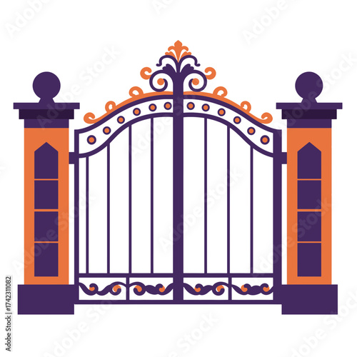 ornate wrought iron gate with decorative posts and scrollwork