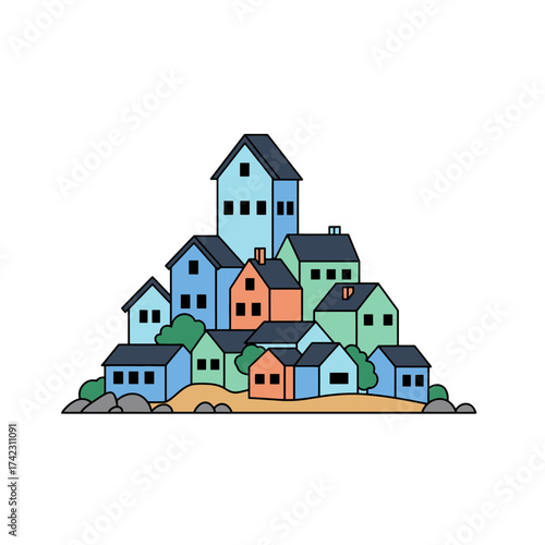Colorful hillside cluster of houses with trees and rocks