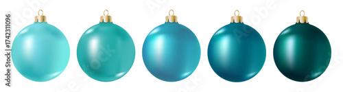 Realistic bright turquoise Christmas balls set isolated on white background. Pure 3D ball, vibrant color shades, light and dark teal, cyan or aquamarine gradient. Vector clipart, New Year decoration.