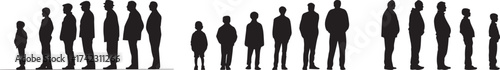 silhouettes of men of different ages child, adult, elder standing in line symbol of generations vector silhouette
