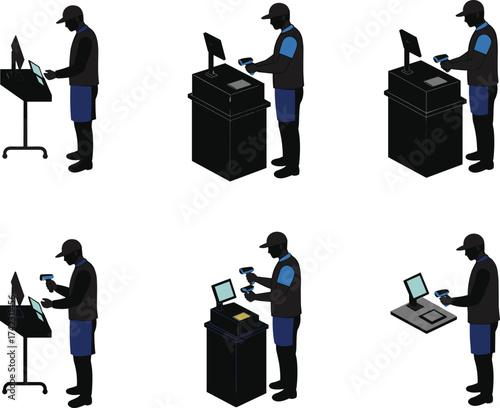 Self service POS interaction silhouettes, customer using kiosk and terminal, barcode scanning, card payment, mobile device, retail transaction, instructional sequence