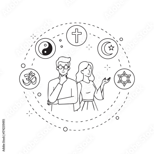 Religious Philosophy Abstract Concept Vector Illustration. People choosing belief system with diverse spiritual symbols like Cross, Om, and Yin Yang.
