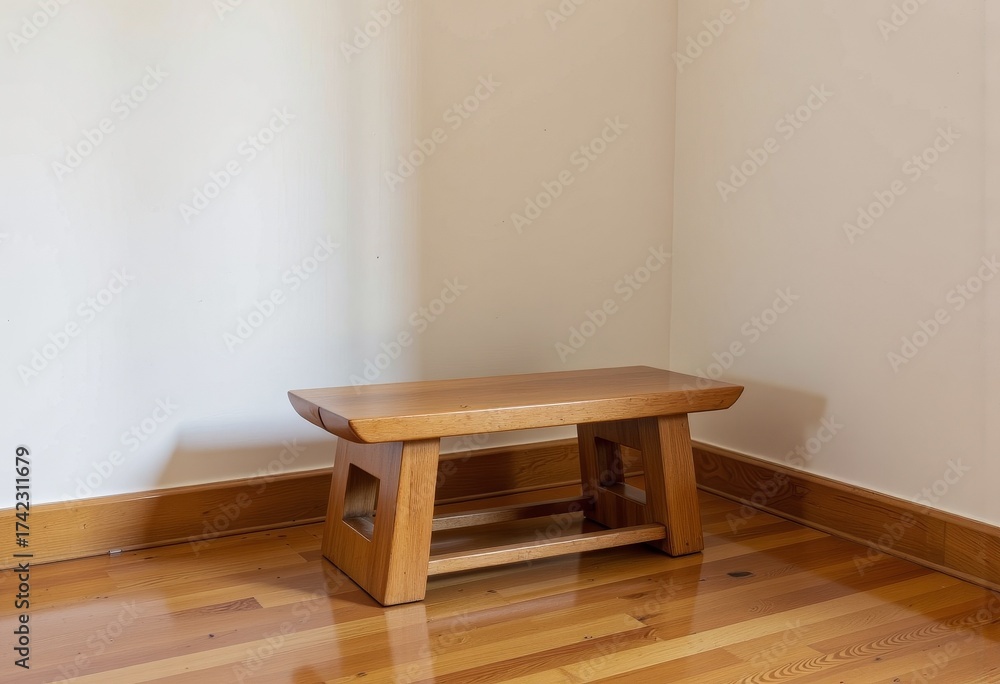 Fototapeta premium Elegant Wooden Bench with Minimalist Design in a Serene Corner of a Room Featuring Hardwood Floors and White Walls