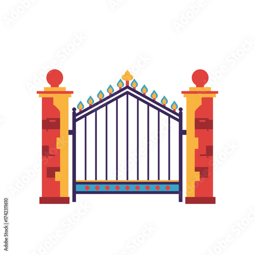 Decorative ornate gate with brick pillars and colorful accents