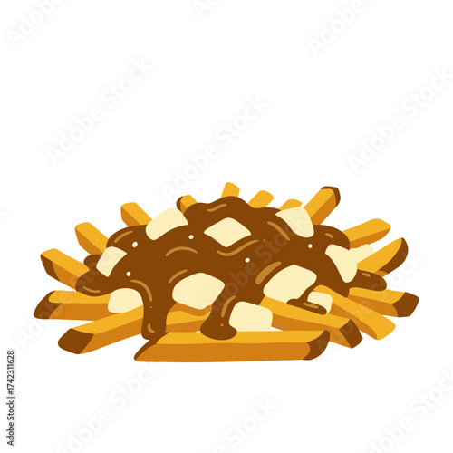 French fries with gravy and cheese cubes on a white background