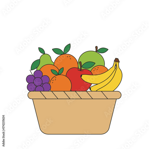 Basket filled with assorted fruits including apples oranges bananas and grapes