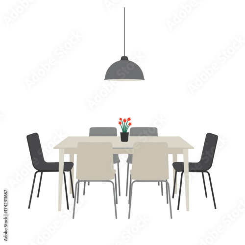 dining room with table chairs and hanging lamp