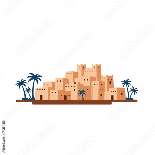 Desert town with sand-colored buildings and palm trees