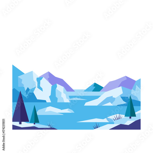 Minimalist winter landscape with mountains and trees