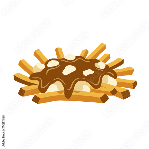 French fries with gravy and cheese on white background
