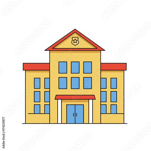 School building with large windows and red roof