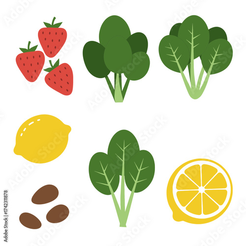 Set of fresh strawberries lemon and spinach illustration