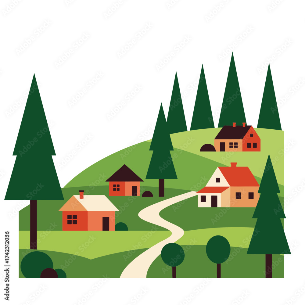 Naklejka premium Colorful outdoor landscape with houses and trees for web and print