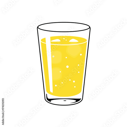 Glass of lemon soda with bubbles and straw on white background