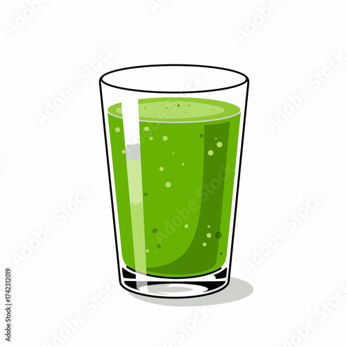 Glass of green juice with bubbles on white background