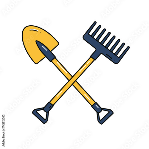 Garden tools crossing with shovel and rake for outdoor work