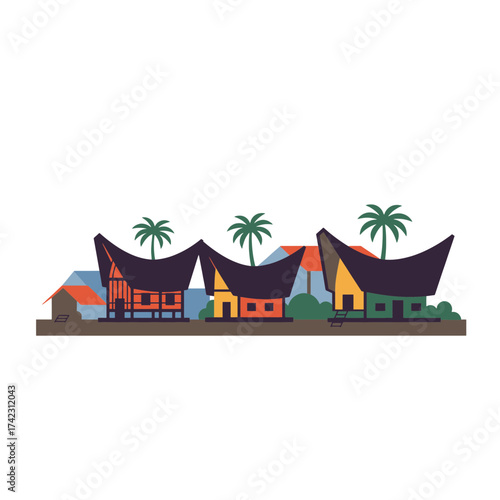 Stylish traditional village houses with palm trees in tropical setting
