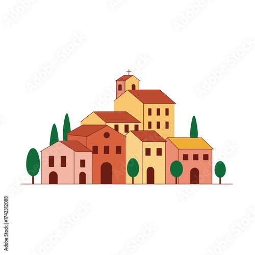 Colorful hillside village with houses and trees for travel or lifestyle projects