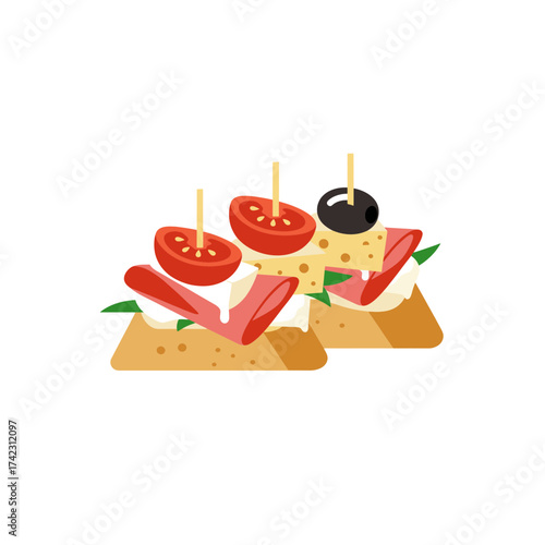 Open faced sandwiches with tomato cheese and olives